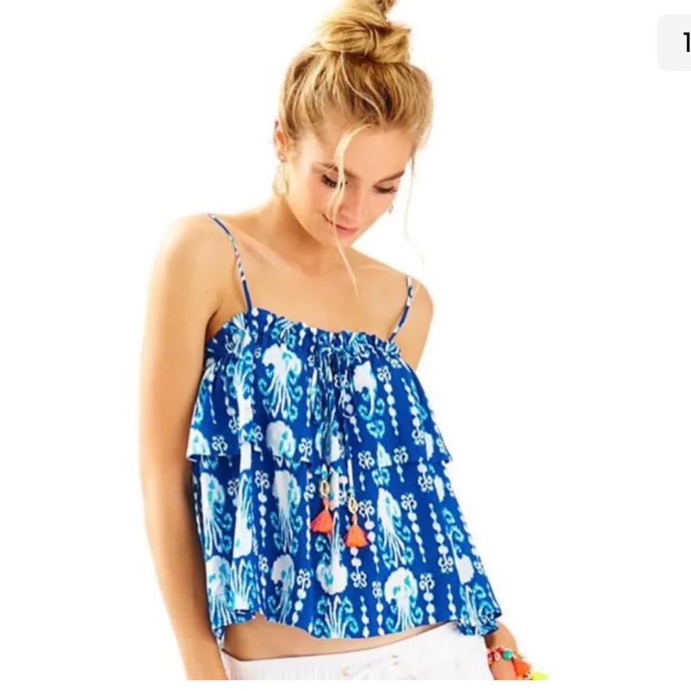 Lilly Pulitzer Mays Indigo Get In Line Blue Jellyfish w Tassels Tank Top Sz. S